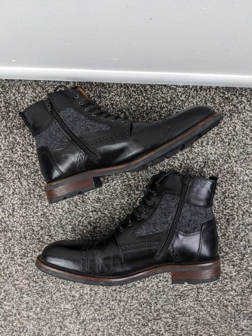 Johnston & Murphy Mens Size 13 M Fullerton Cap Toe Black Leather Boots Zip Wool